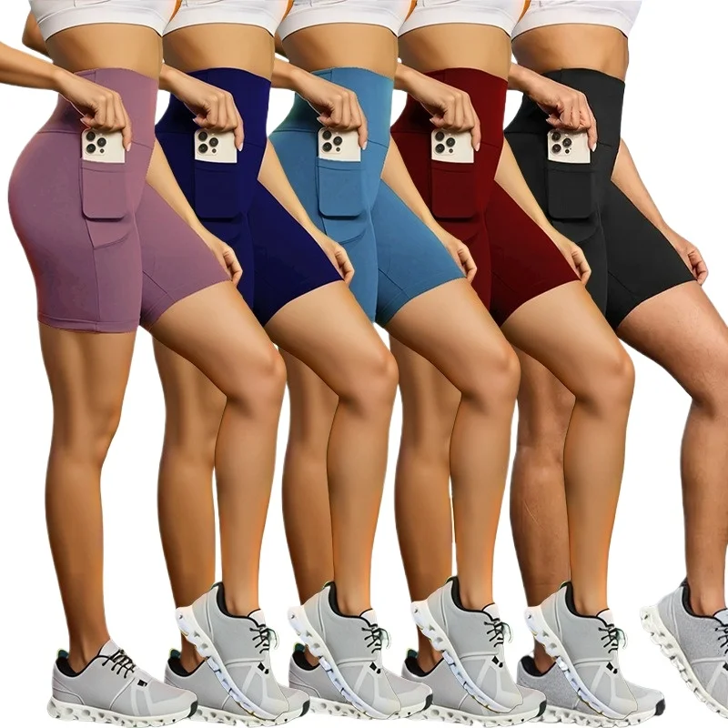 Short de sport à poches pour femmes, Leggings de Yoga de grande taille, vêtements d'extérieur, short slim à haute élasticité, course à pied, cyclisme, short à trois points