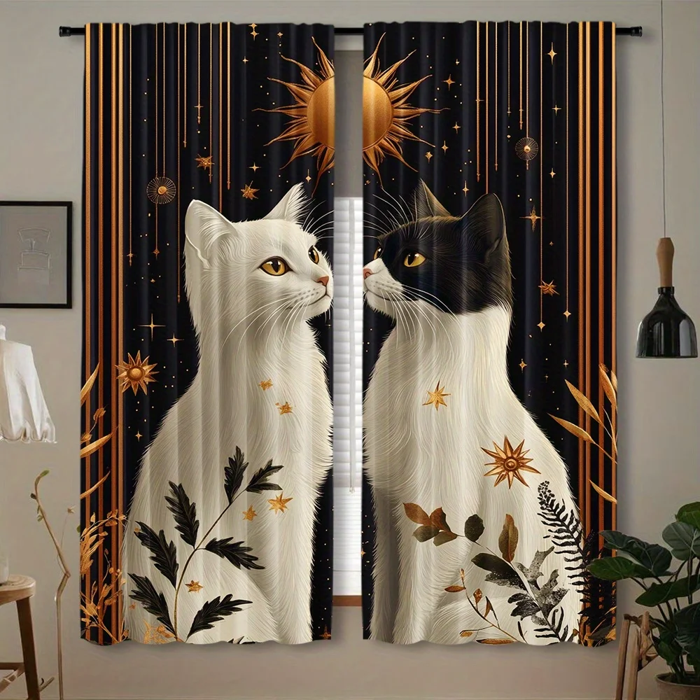 Golden Sun Star White Tuxedo Cat Blackout Rod Pocket Curtain Golden Leaf Line Decor Mystic Homestay Bedroom Rest Bay Window