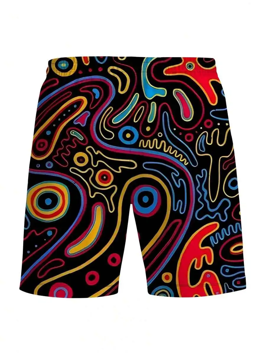 

Mens Beach Shorts Black Base Neon Abstract Line Print Knee-Length Drawstring Waist Summer Casual