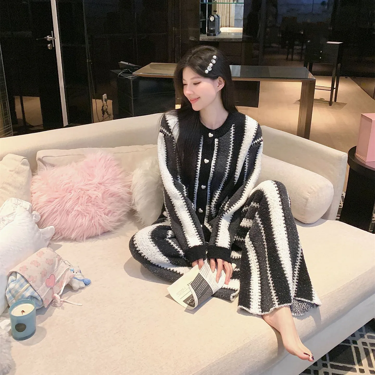 Striped Print Flannel 2PCS Pajamas Set Autumn Winter Female Sleepwear Trouser Suits Loose Casual Warm Coral Fleece Homewear