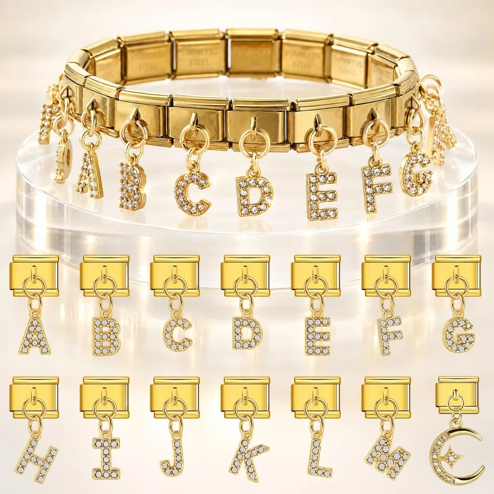 URING Italian Pendant Charms 26 English Letter A-Z Cubic Zirconia Stainless Steel Beads Bracelet Links Gold Color Jewelry Gifts