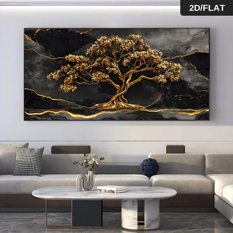

Frameless Modern Abstract Golden Tree Marble Canvas Wall Art - Large Size Golden & Black Painting Luxury Home Accent 2D Flat