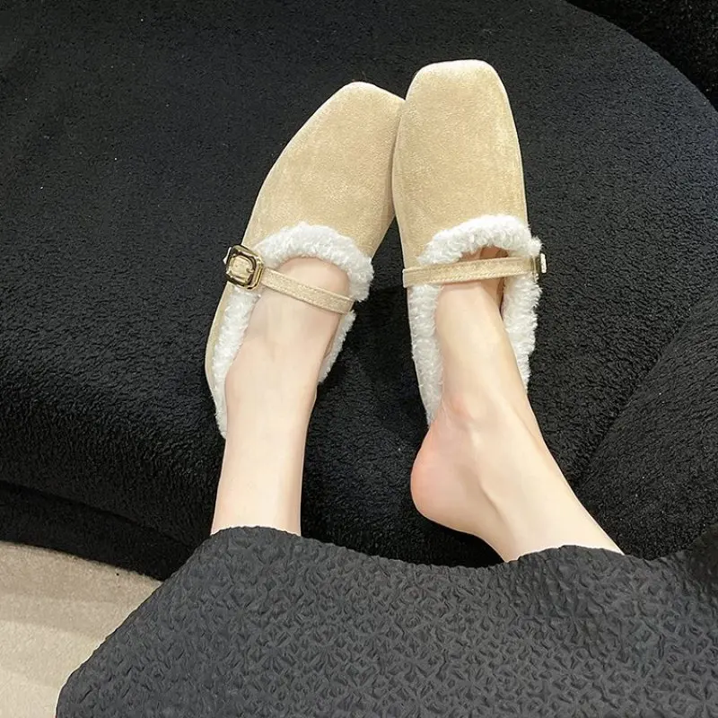 

Furry Warm Mary Janes Women New Buckle Strap 2024 Ladies Outside Winter Fashion Casual Fur Ballet Flats Short Plush Female Shoes