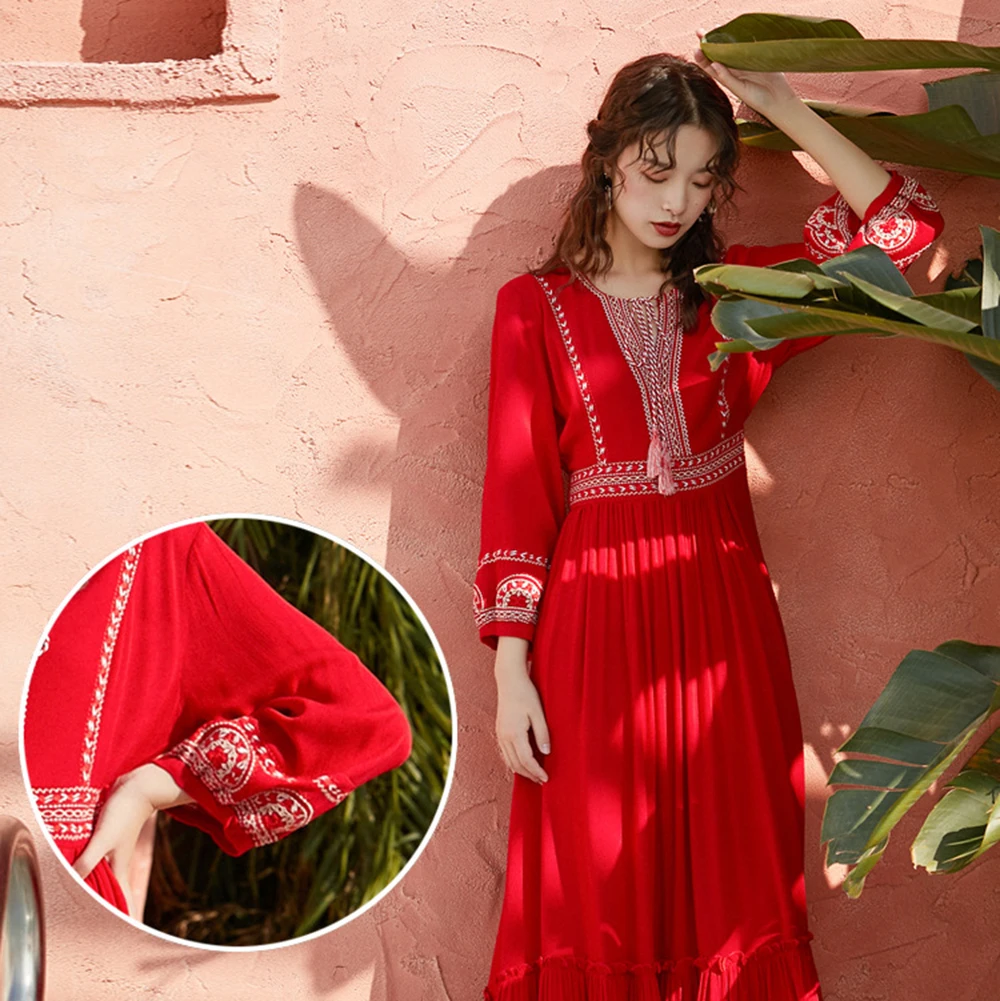 Seaside Holiday Ethnic Style Dress Female Desert Travel Red Long Dresses Super Fairy Thin Beach Dress