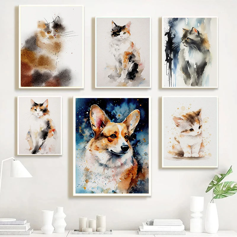Watercolor Calico Cat Yorkshire Bichon Frise Poster Cute Family Pets Canvas Painting Vibrant Wall Art Picture Office Home Dec