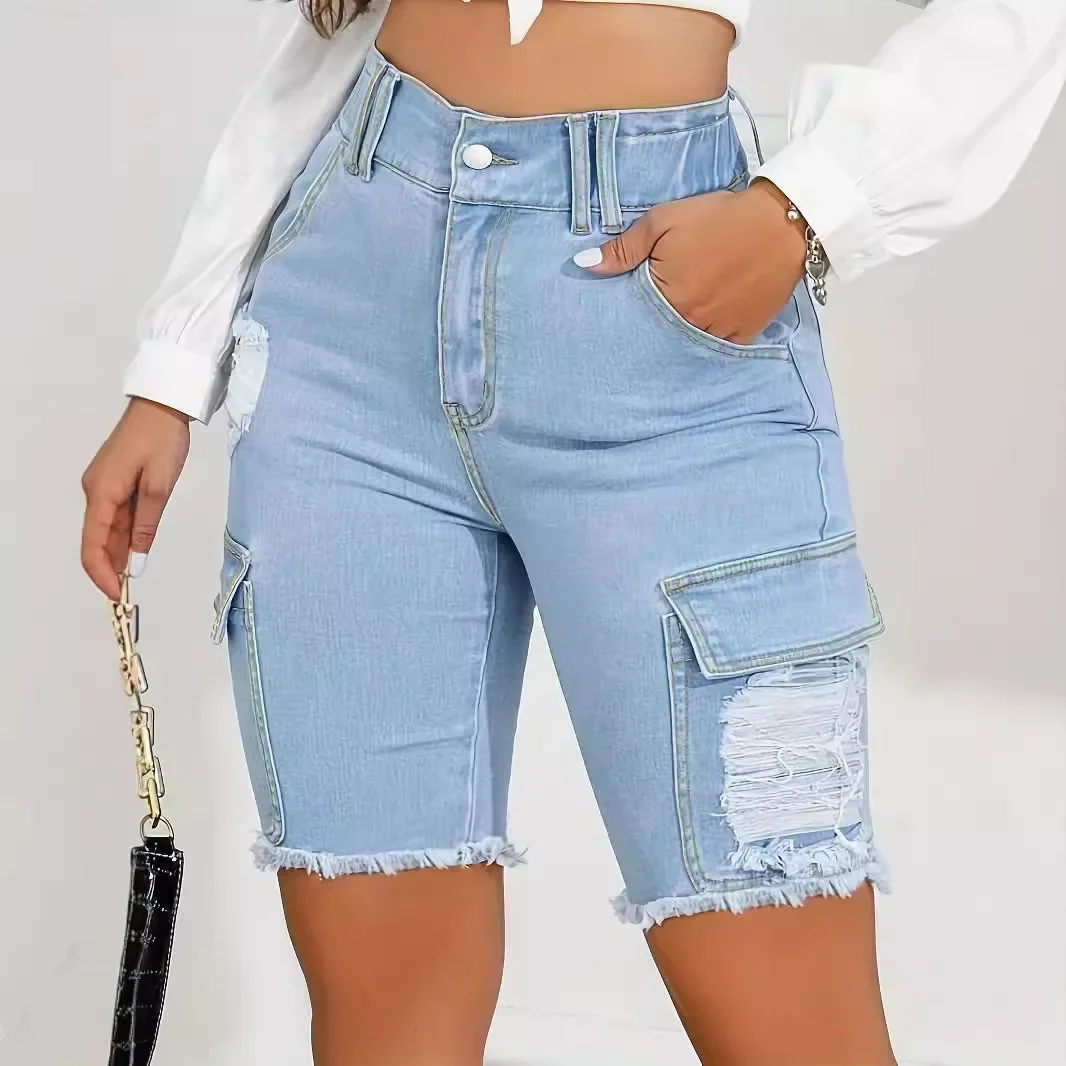 Pantaloncini di jeans strappati effetto consumato Pantaloncini al ginocchio da donna Fori Tasche jeans con cerniera Casual Vita alta impiombati Estate