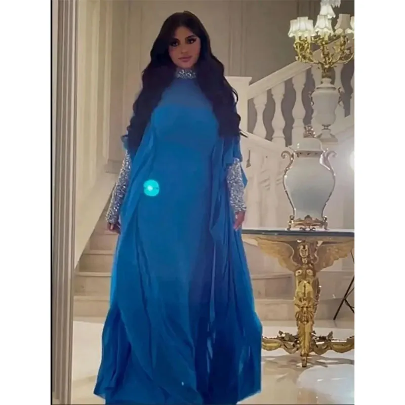 Stunning Blue Muslim Evening Dresses Sequin Cuff Long Sleeve Arabic Dubai Formal Dress Women Chiffon Caftan Vestidos De Novia