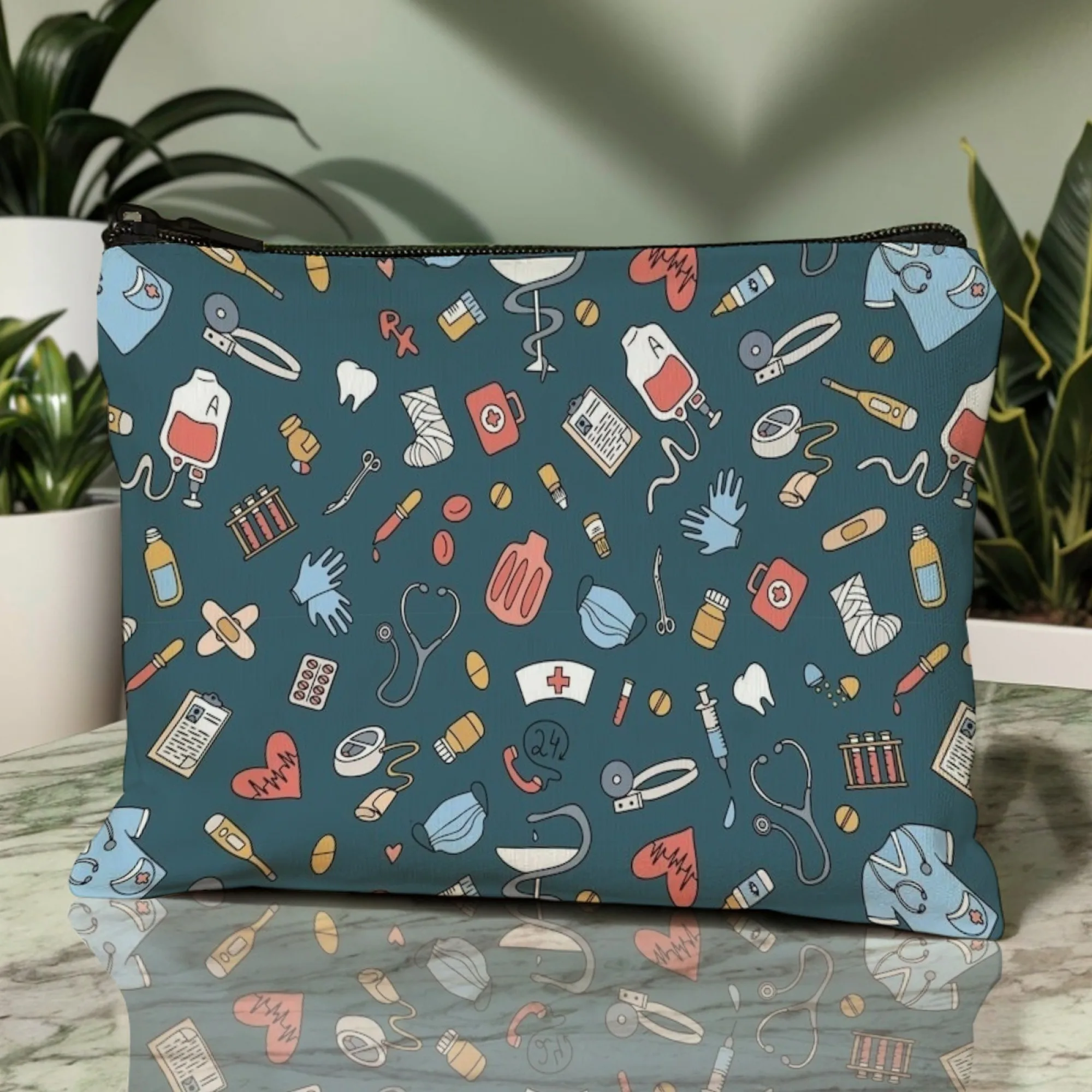 Medic Symbol Cosmetic Pouch Medical Cross, Stethoscope & Syringe Prints with Navy Accents Zippered Makeup Bag Travel & Daily