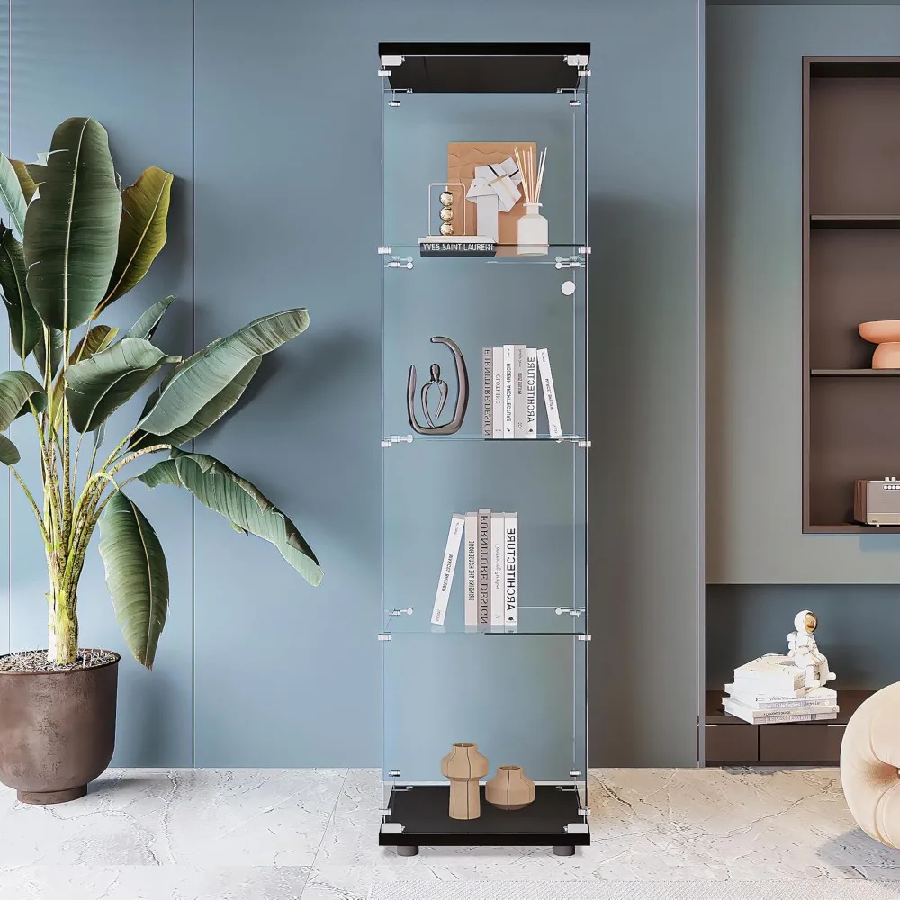 

Glass Display Cabinet with 4 Shelves, Floor Standing Glass Bookshelf, Quick Installation, Curio Cabinets for Living Room