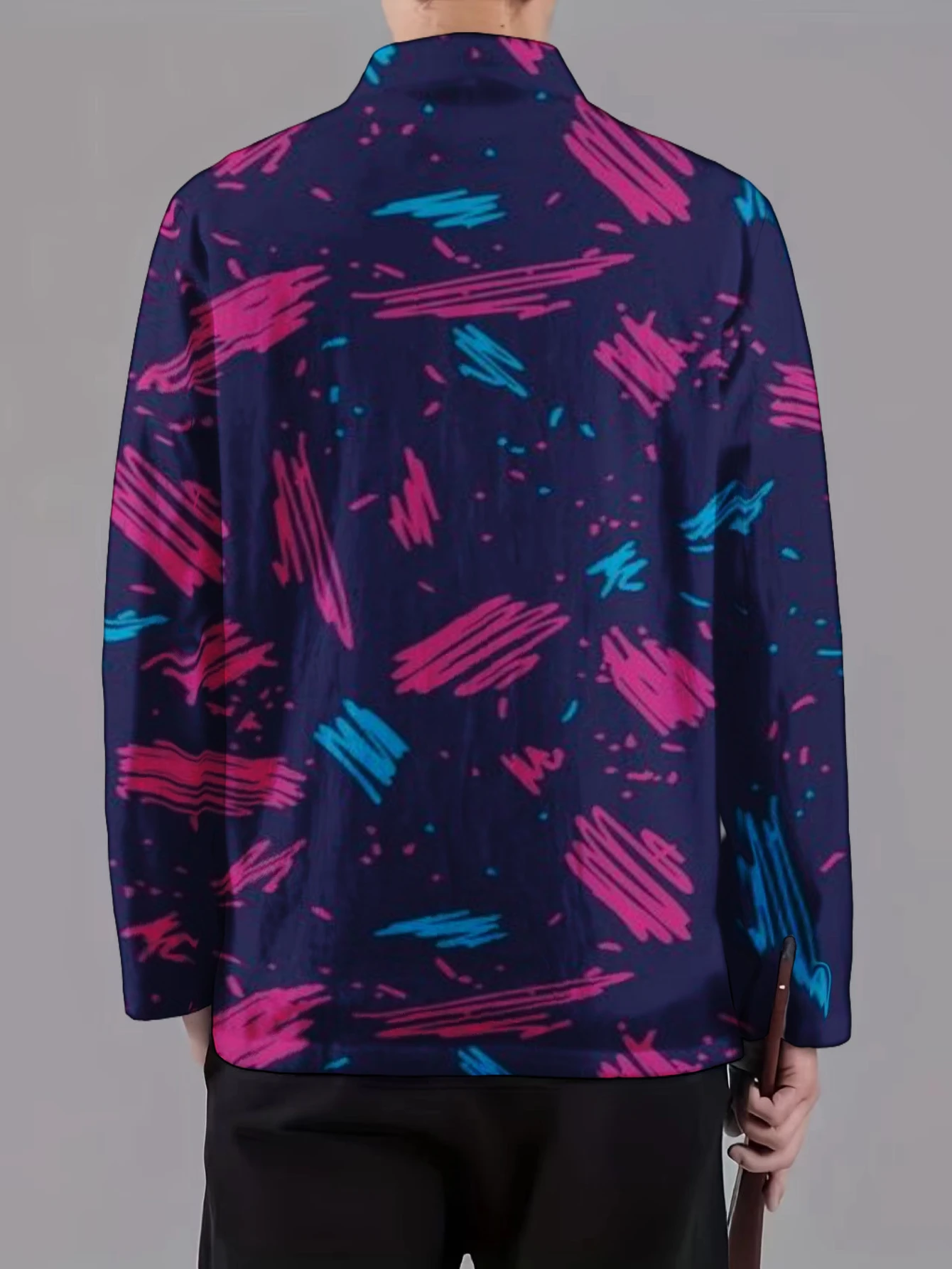 Men Mandarin Collar Frog Button Jacket Abstract Wave Stripe Geometric Art Print Traditional Outerwear