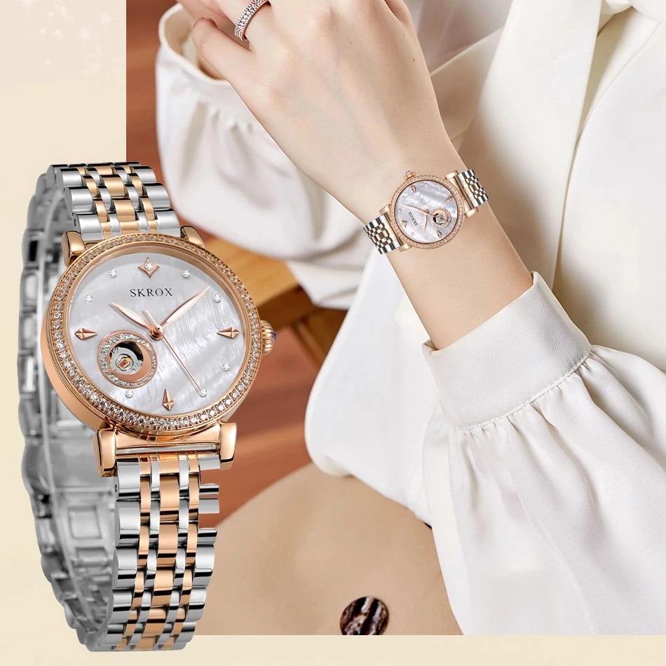 

Высококачественные роскошные модные элегантные женские часы с бриллиантовым корпусом, механические женские часы из нержавеющей стали с автоматическим механизмом из розового золота