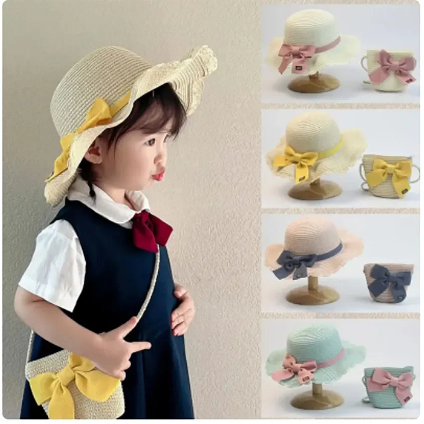 

New summer braided children's sunshade straw hat lace bow braided sun hat bag 2 sets
