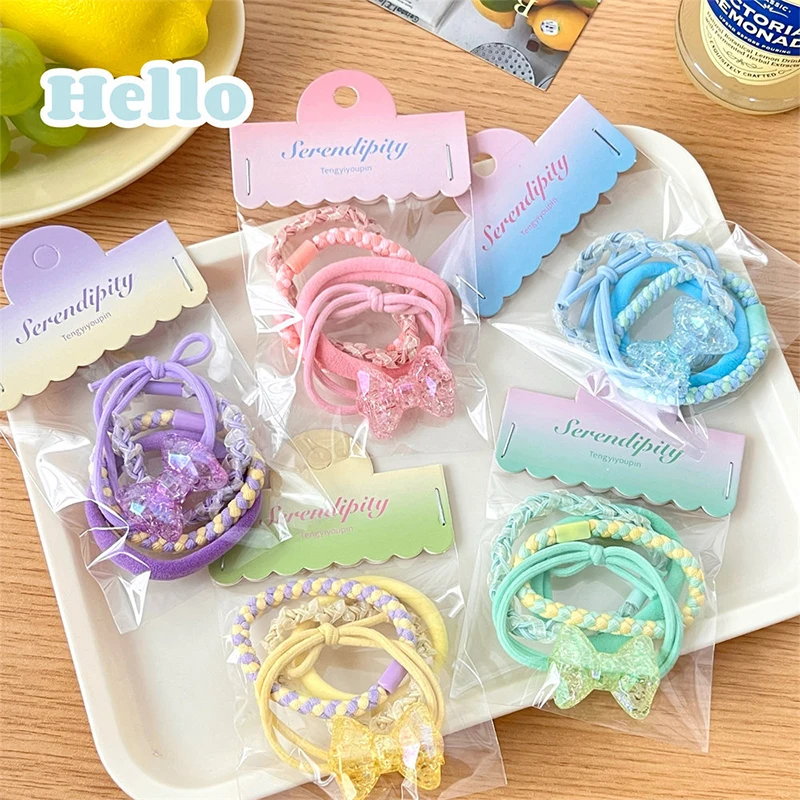 4Pcs Cute Crystal Bow Hair Rope Sweet Elastic Hair Ties High Ponytail Holder Rubber Band For Girls Children Hair Accessories