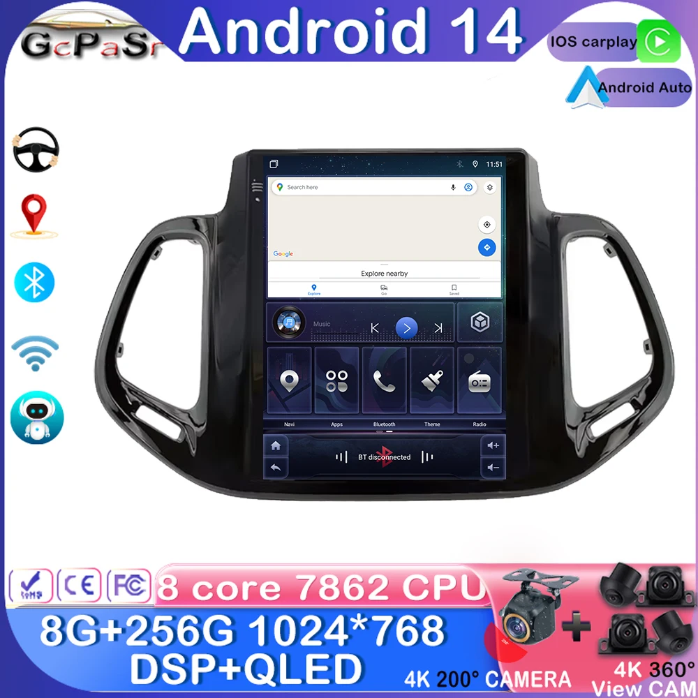 

Carplay Android for Jeep Compass 2 MP 2016 - 2019 Tesla Style Car Radio Multimedia Video Player Intelligent System Display