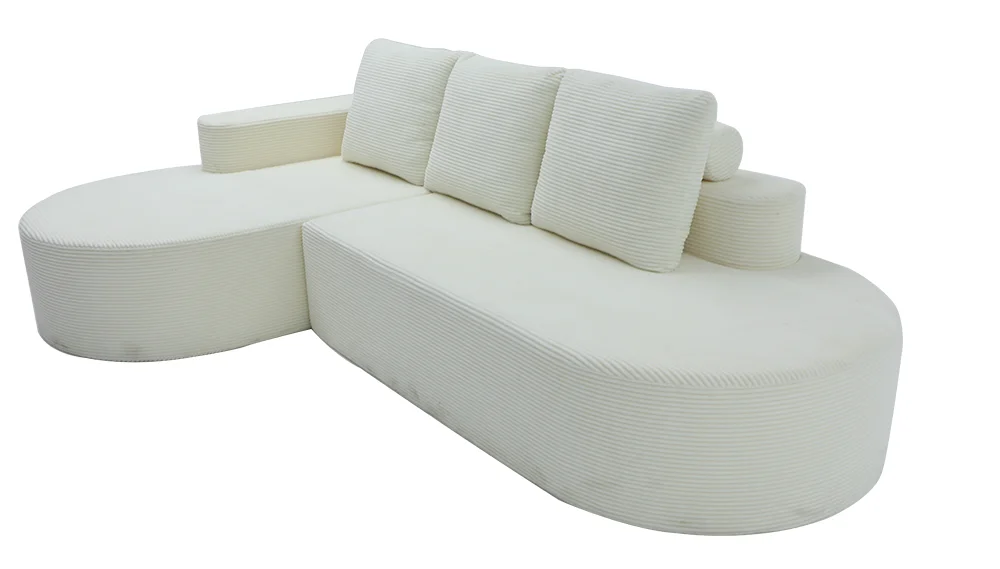 #Modern Cream White Curved Modular Sofa, Corduroy Upholstery with Chaise Lounge, Ideal for Contemporary Living Rooms