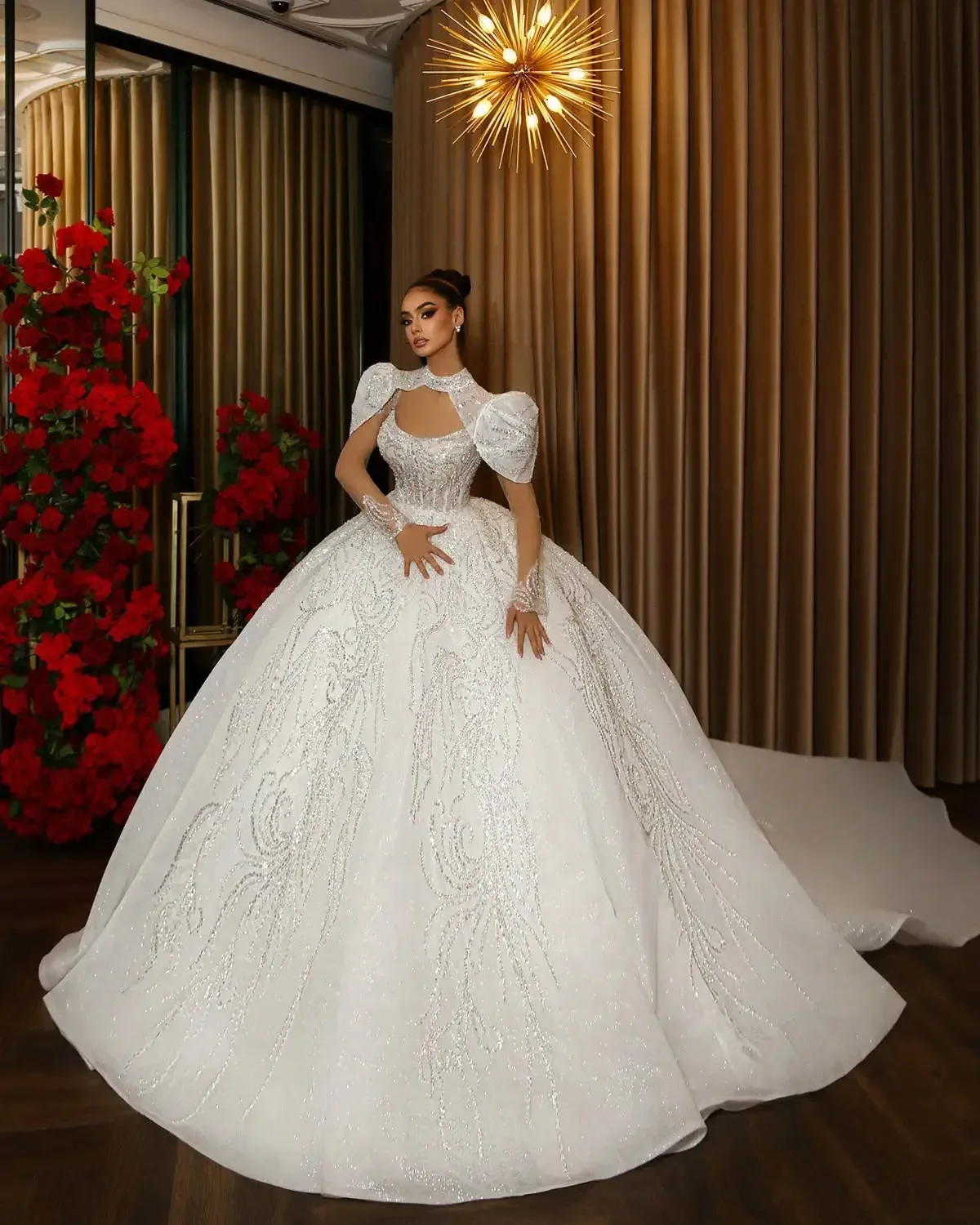 

Customized 2026 New Gorgeous Ball Gown Wedding Dresses High Collar Sequined Rushed Floor-Length Bridal Gowns Vestido de novia