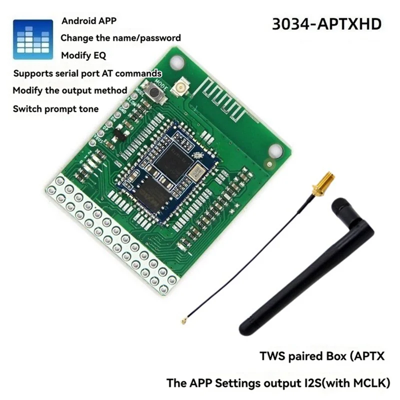 -A90P QCC3034 Bluetooth 5.1 스테레오 오디오 모듈 + 안테나 DC3.6-5.5V APTXHD 무손실 I2S 출력 SBC/AAC/APTX/APTXHD
