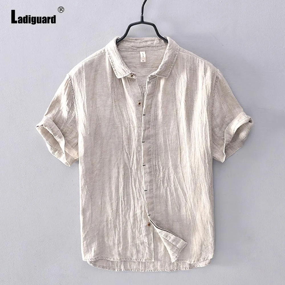 

Mens Casual Linen Blouse Khaki White Fashion Leisure Shirts Men Short Sleeve Camisa Top blusas hommes Ropa Male Streetwear 2024