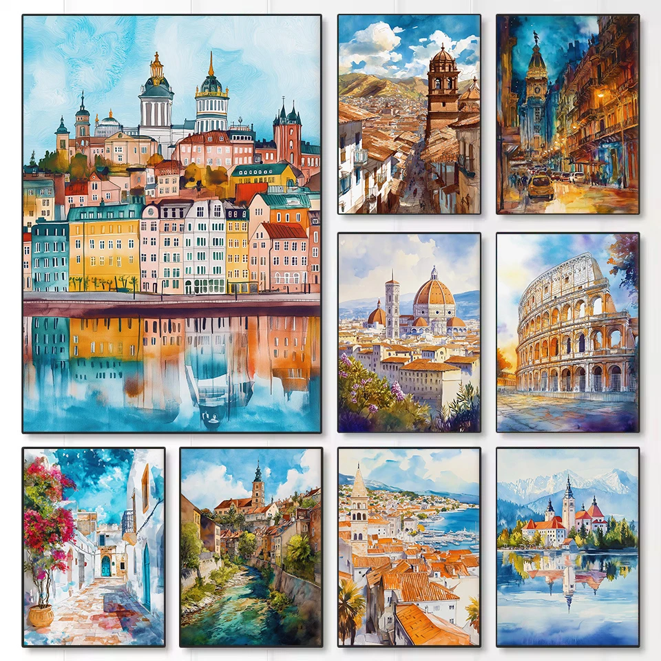 Resin Art World - Retro Watercolor European Travel Cities World