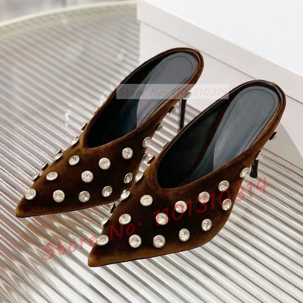 Velvet Pointy Gems Mules Women Real Leather Luxury Crystal V-shape High Heels Slippers Ladies Casual Bling Fashion Shallow Shoes