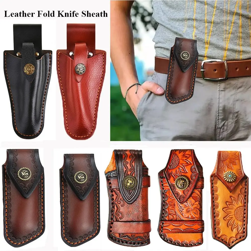 1Pc Leather Fold Knife Scabbard Tool Flashlight Belt Buckle Case Portable Knives Sheath Holster Pocket Outdoor Camp Accessories