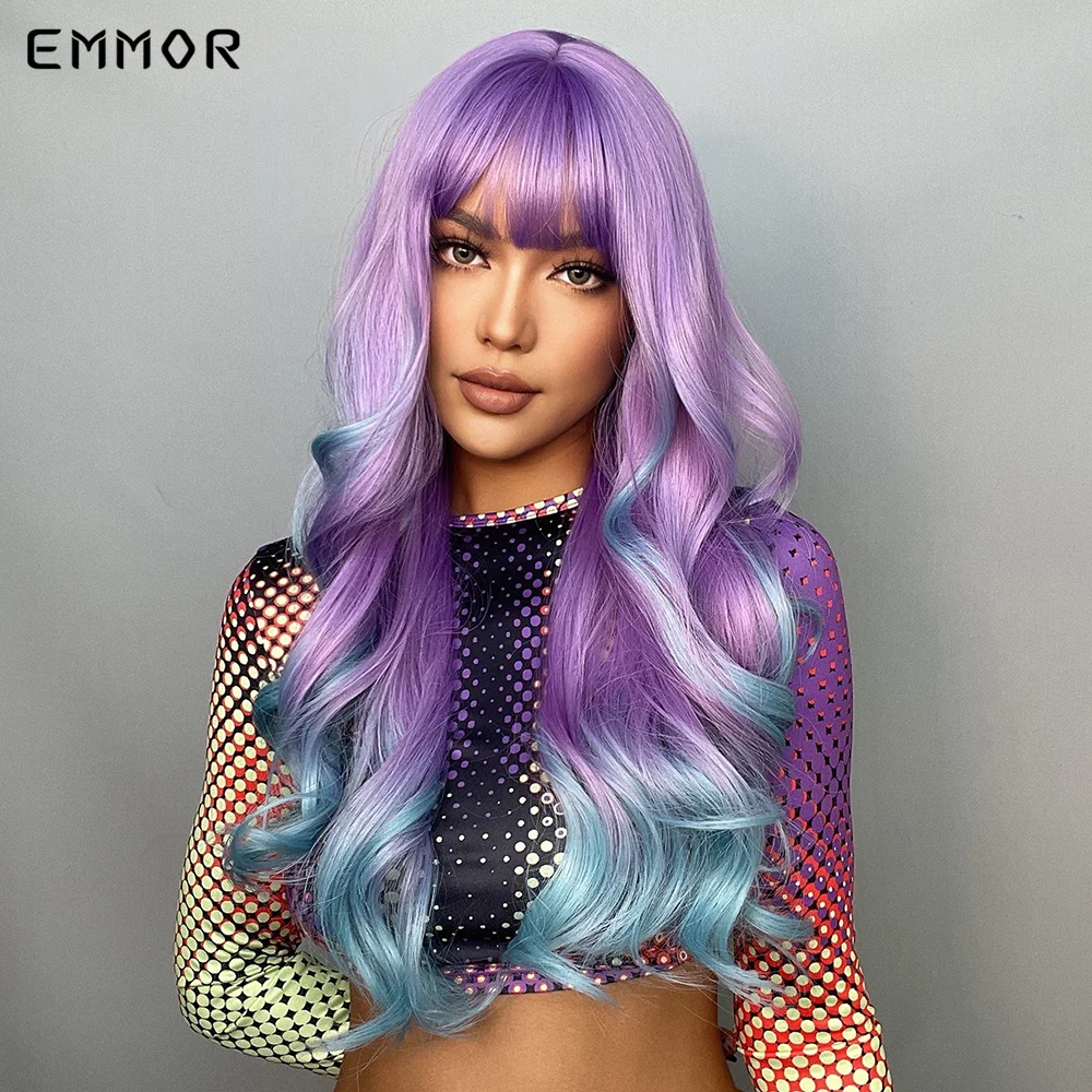 Blonde Emmor Synthetic Long Wavy Wig Ombre Purple to Blue For WOMEN Cosplay halloween Wigs Heat Resistant Fiber Bangs Hair