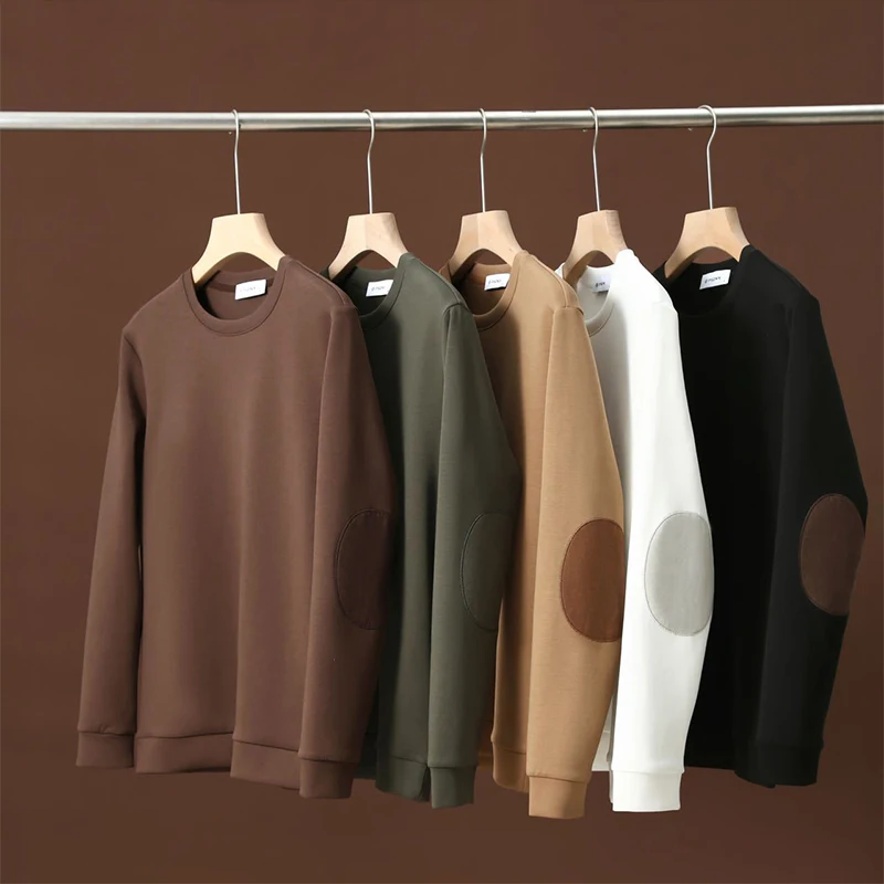 Sudadera con capucha de Color Maillard para hombre, sudadera básica sin capucha con cuello redondo, jerséis ligeros de manga larga, sudaderas con capucha de otoño