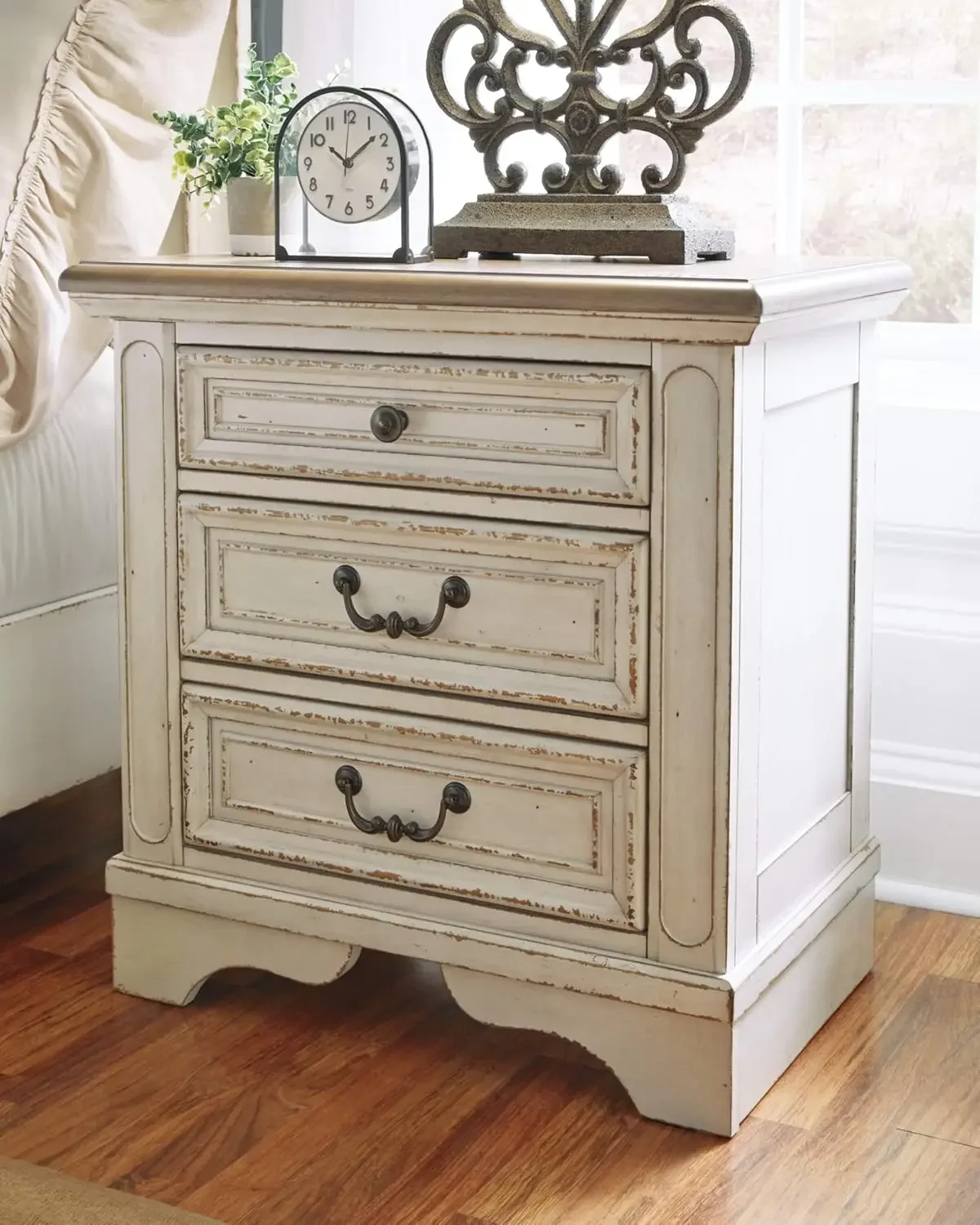 3 Drawer Nightstand with Electrical Outlets & USB Ports, Chipped White