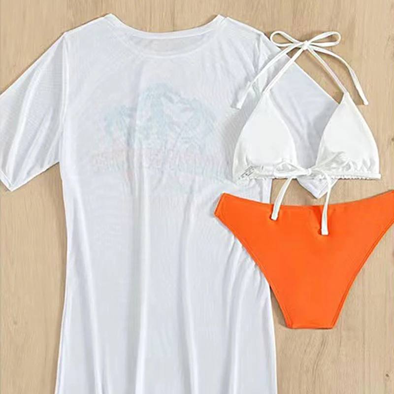 Sexy Swimsuit 3 Pieces Women Bikini+Transparent T-Shirt Cover-Up Halter Bandage Biquini Swimwear Push Up Bathing Suits Beachwear