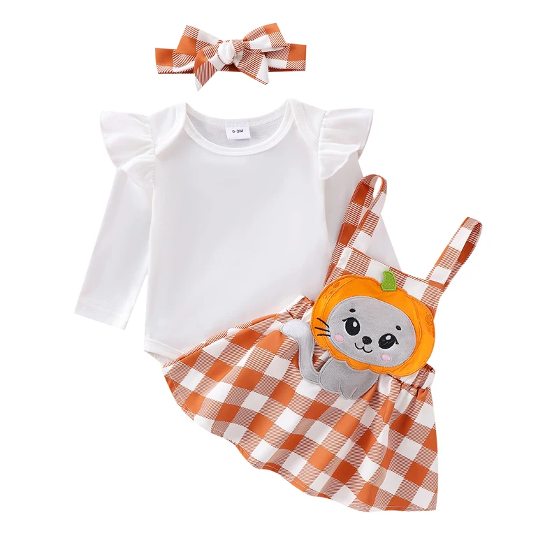 

Baby Girl Halloween Outfit Ruffle Long Sleeve Romper Lion Patch Suspender Skirt Plaid Headband 3 Piece Set for Fall