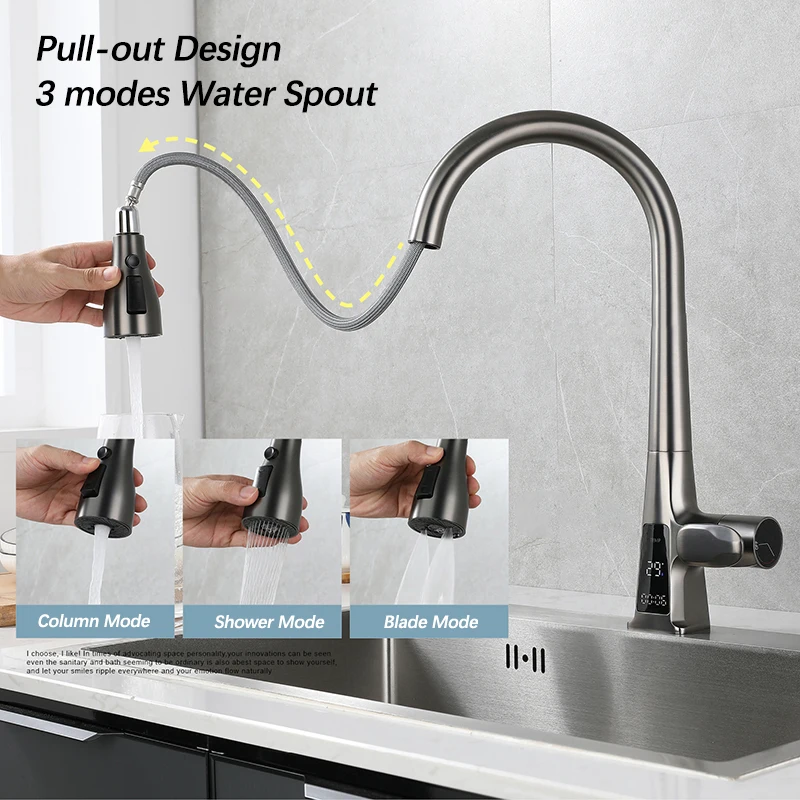 Temperature Display Pull Out Kitchen Faucet.Smart Infrared Sensor Water Mixer Tap.Three Modes Spout Cold Hot Water Sink Faucet.