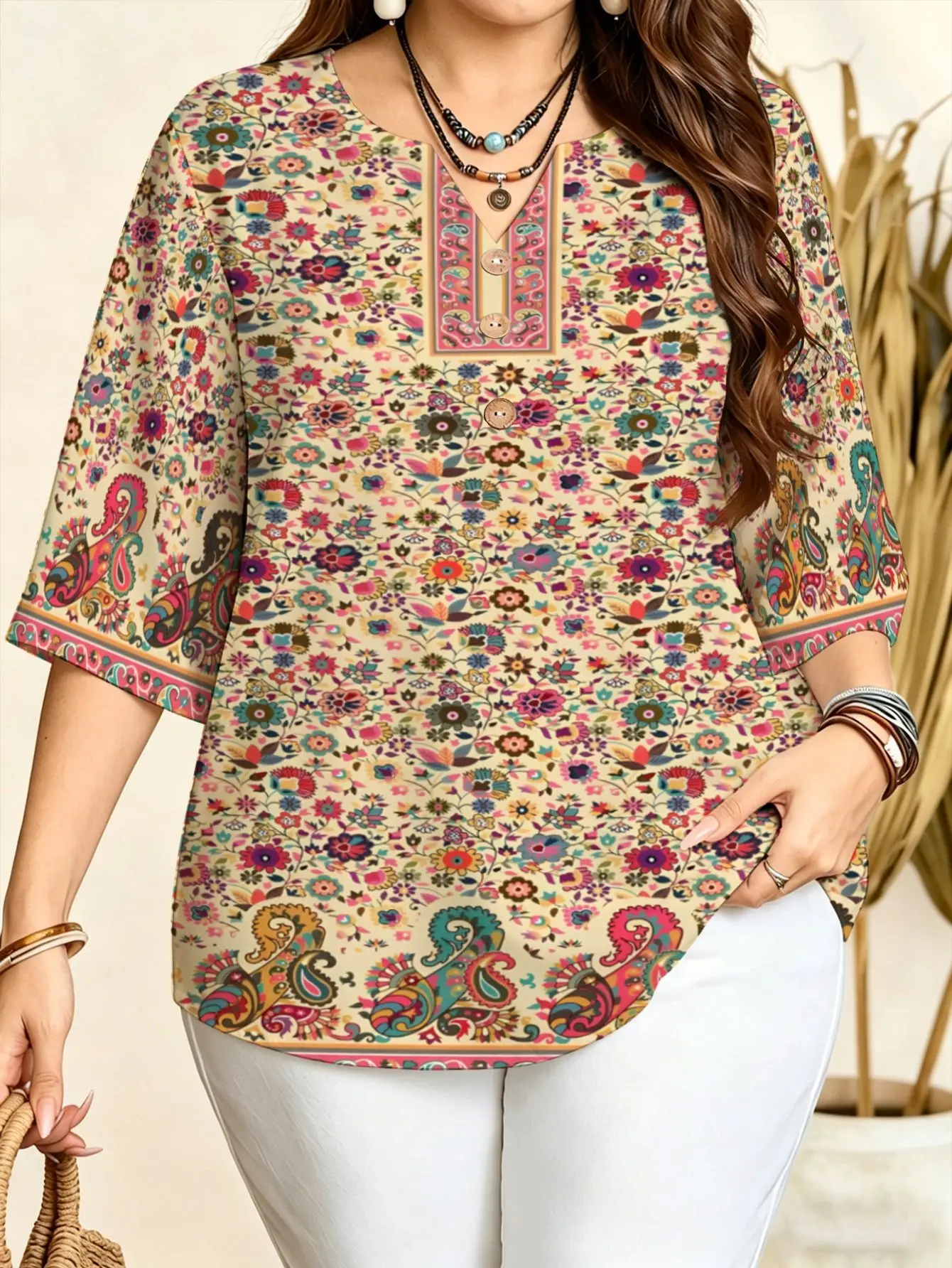 Women Notch V Neck 3/4 Sleeve Blouse Bohemian Paisley Mandala Ethnic Floral Print Vacation Daily Loose Top