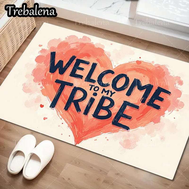 Alfombra de puerta de bienvenida, felpudo con estampado de corazón de bienvenida a mi tribu, alfombra de entrada suave y absorbente, 1 ud.