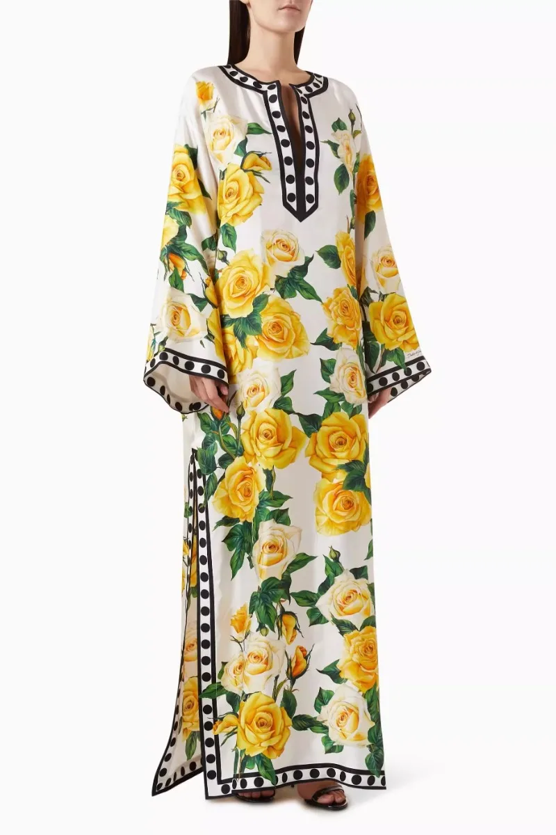 

Vintage Yellow Printed Loose Maxi Dress Women Long Sleeve O-neck Floral Elegant Dress Bodycon Evening Party Runway Vestidos