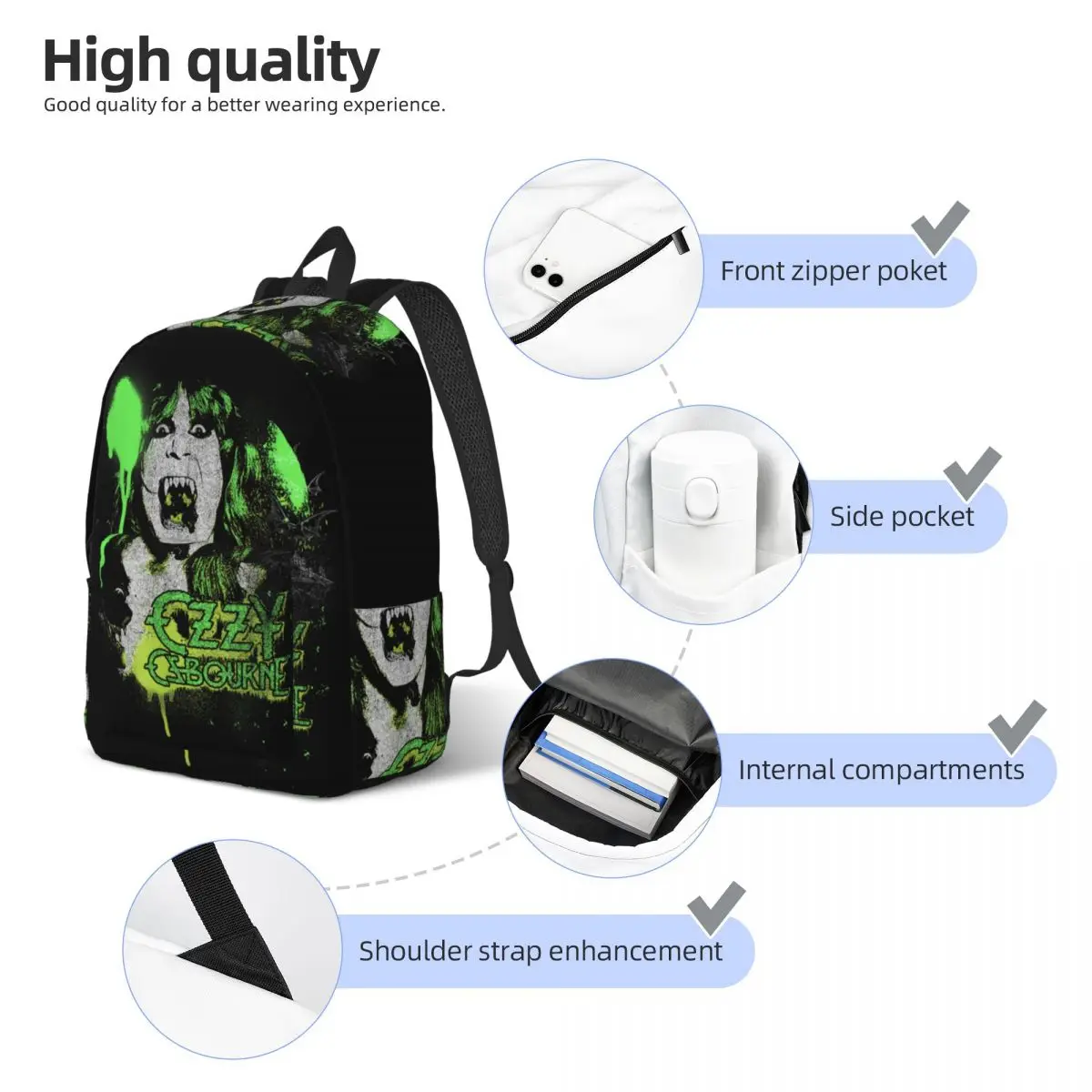 Heavy Metal Rock Ozzy Osbourne Speak Vintage Spray mochila mochilas universitarias chica ropa de calle mochilas escolares diseño mochila grande