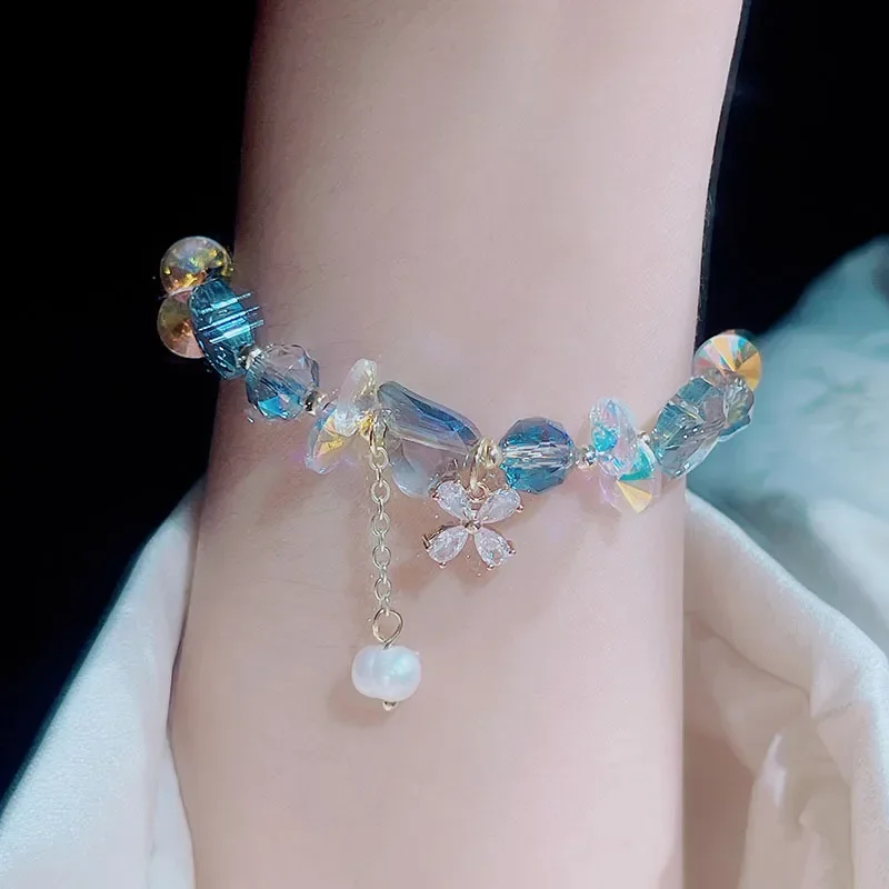 

Summer Super Shiny Crystal Bracelet Fairy Style Four Leaves Clover Pendant Drawable Vacation Style Bracelet for Girlfriend