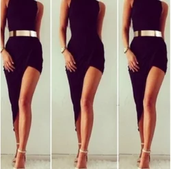 Summer Women New Sexy Oblique Pendulum  Dress O-Neck Solid Sleeveless Slim Dress Female Asymmetrical Mini Party Dress