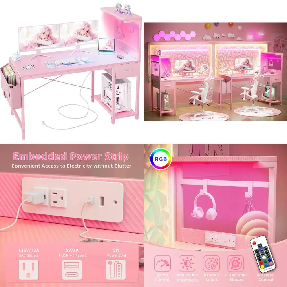 

47 Inch Gaming Desk with LED Light and Power Outlet, Compact Computer Desk featuring Reversible Shelves and Storage Drawer for S