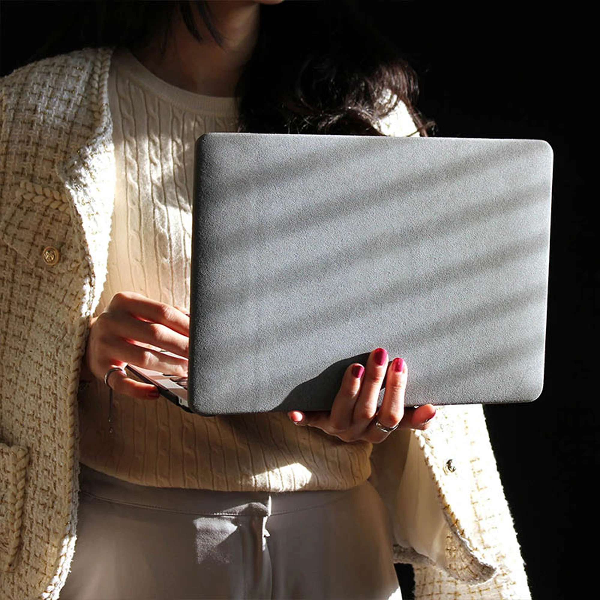 Frosted Leather MacBook Case, Grey Laptop Case for MacBook Air 13 Macbook Pro 13 16 14 A2442 15 A1990 With Cutting Out Logo