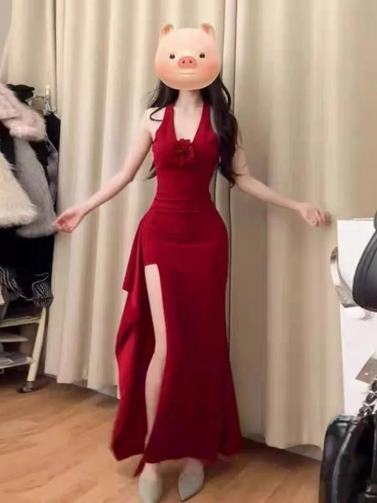 

Sexy Unique Red V-ne Slit Long Dr Bodycon High Waist A-line Silhouette Svel Women's Faion Autumn Winter Dr