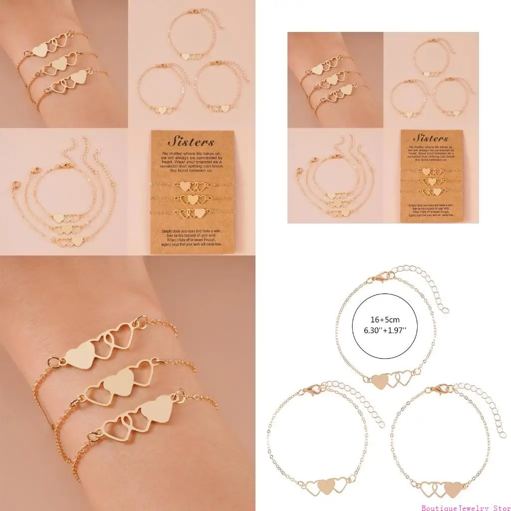 E1PE 3xMatching Heart Long Distance Bracelets Sister Bracelet with Card  Promise Relationship Bracelet for Friend Family