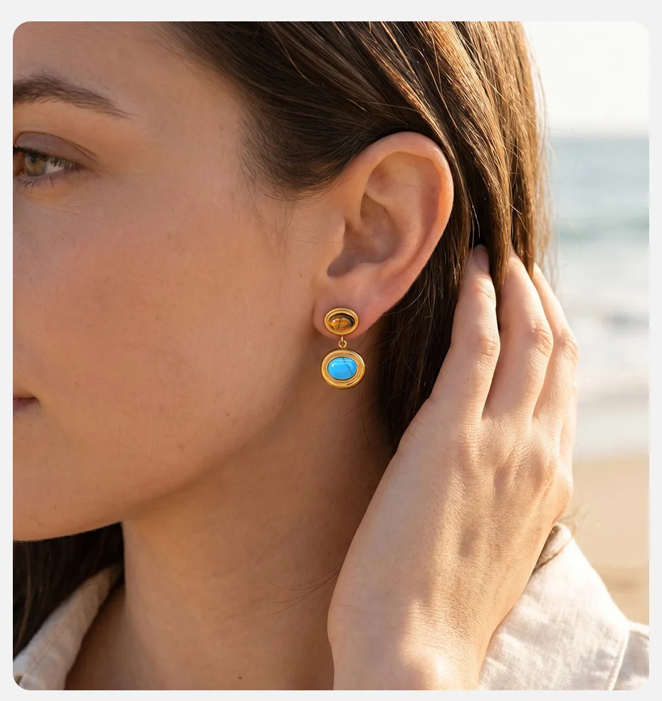 Vnox Trendige Naturstein-Ohrhänger für Damen, vergoldeter Edelstahl, ovale Ohrringe mit natürlichem Türkis, Boho-Schmuck – Detail 2