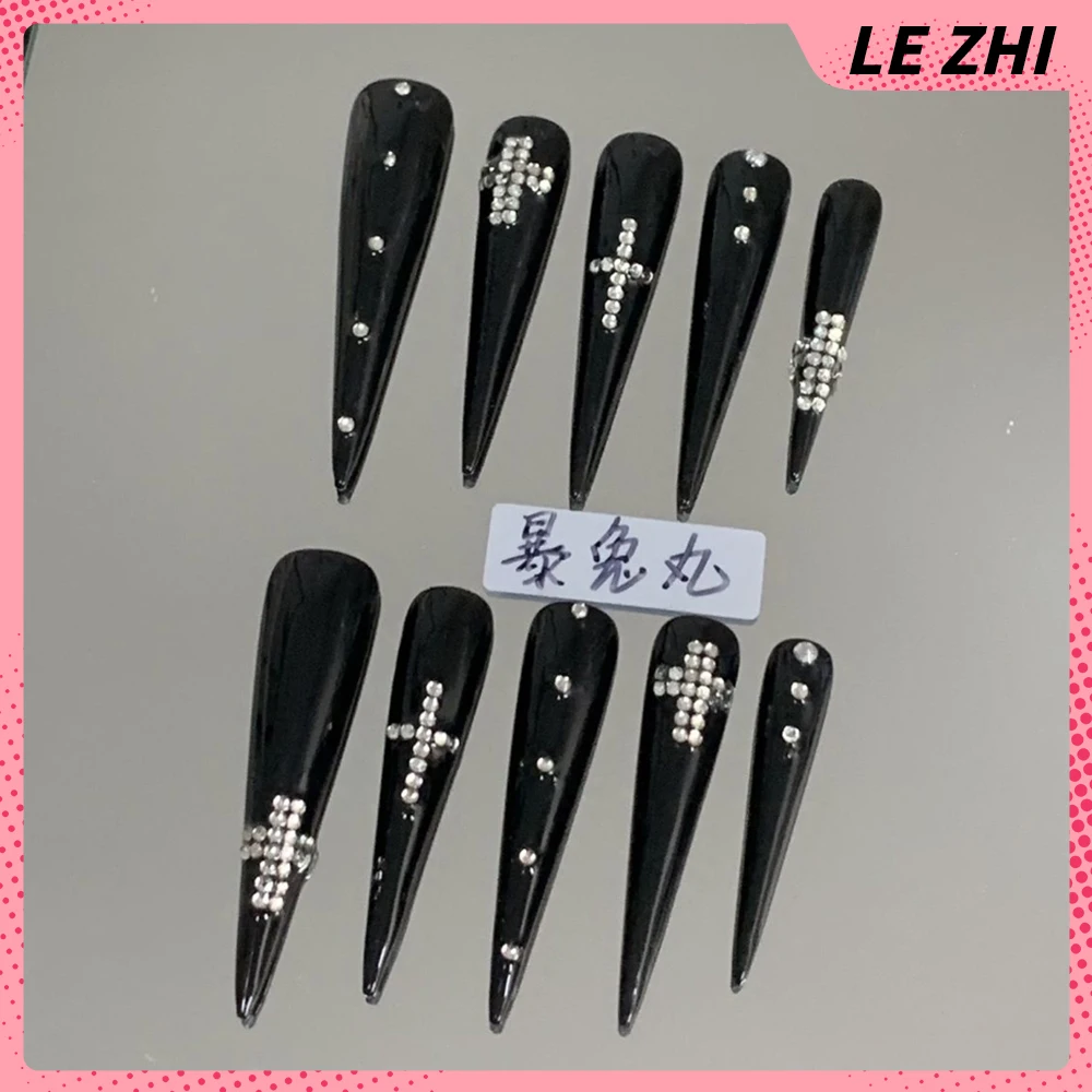 10Pcs Spicy Girl Long Coffin Handmade Press On Nails Rhinestone Flower Polka Point Musical Notes Bowknot Nail Party Sticker Gift - view 6