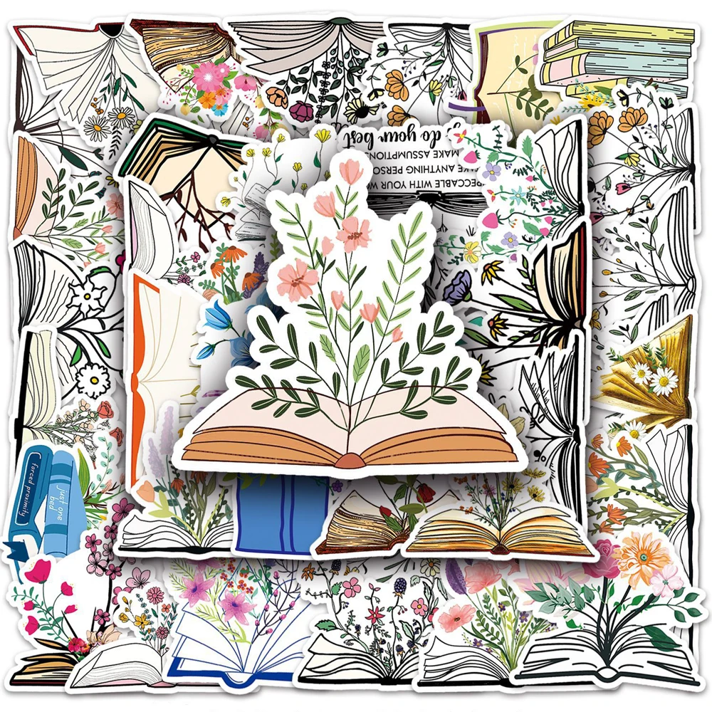 10/30/50pcs Cartoon Book Floral Art Stickers Aesthetic Flower Sticker DIY Scrapbooking Guitar Phone Diary Cute Creative Decals