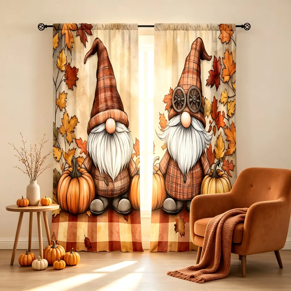 2PCS Digital Printed Curtain, Autumn Gnome with Pumpkin Plaid Pattern, Cute Fall Thanksgiving Style Window Drapes for Home