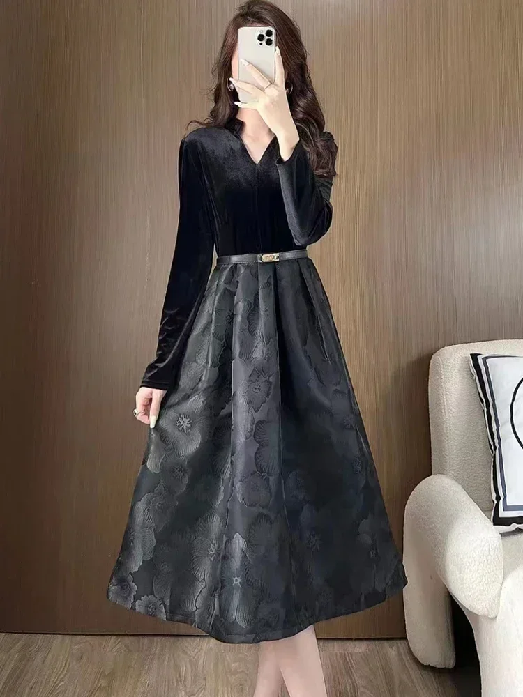 Black Velvet Patchwork Floral Fake Two Piece Dress Women Autumn Winter Dresses for Special Events 2024 Korean Elegant Prom Dress