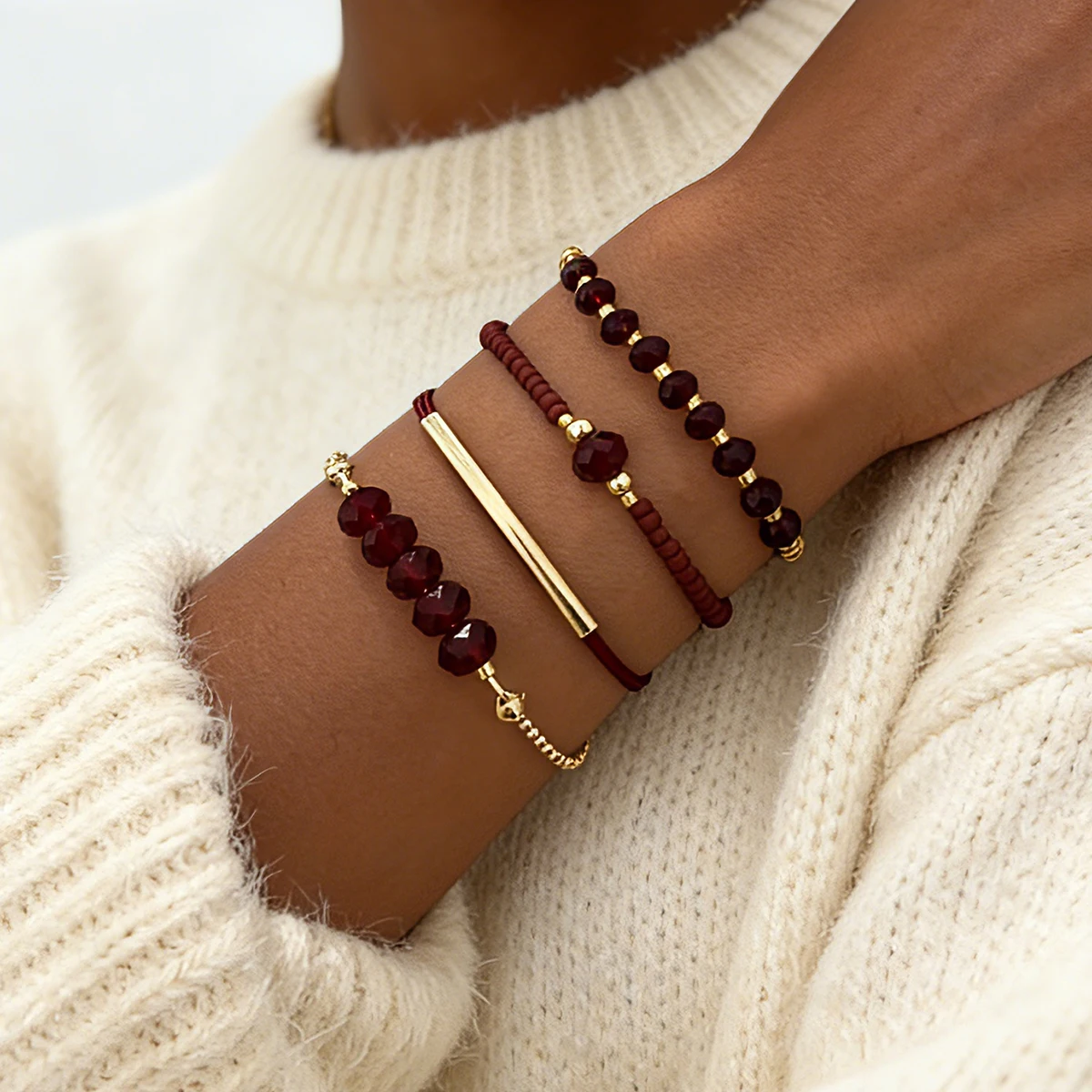 4Pcs/Set Fashion Red Glass Stone Bracelets For Women Boho Handmade Jewelry Accessories