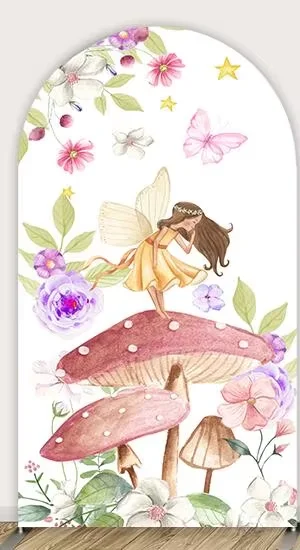 Mehofond キノコアーチ背景カバー女の子の誕生日パーティー妖精プリンセスキアラアーチカバー蝶スター装飾両面背景