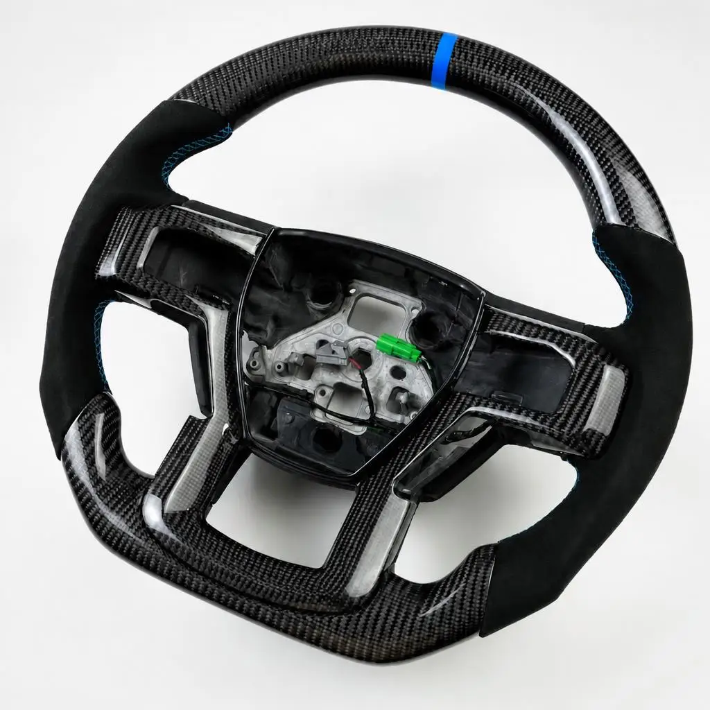 Real Carbon Fiber Steering Wheel Blue Stripe For Ford Raptor F150 2015-2020  W/Heated High Quality Leather Steering Wheel