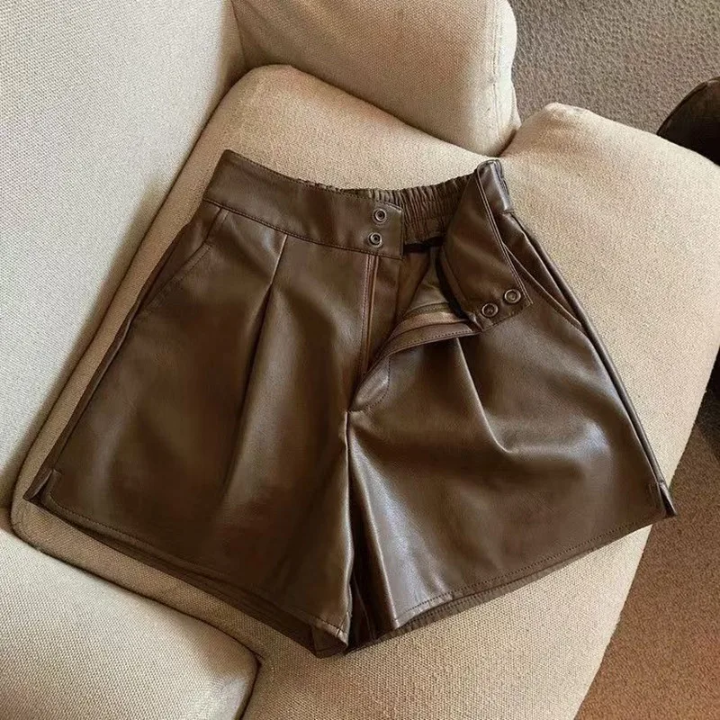 Women Chic Fashion Side Pockets Black Faux Leather Shorts Vintage High Waist Zipper Fly Female Short Pants Mujer PU Y2k Sexy